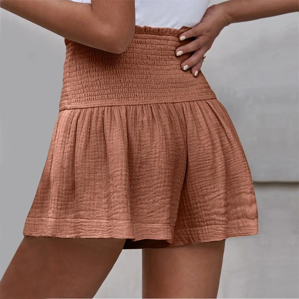 Women's High Waist Soft Solid Color Wide Leg Shorts Elastic Waist Casual Shorts