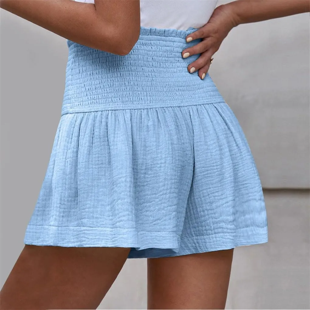 Women's High Waist Soft Solid Color Wide Leg Shorts Elastic Waist Casual Shorts