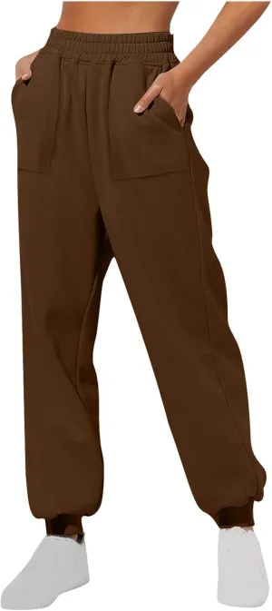 Women's Jogging Sweatpants Solid Loose Sports Pants Comfortable High Waisted Trousers Leg Binding Pants with Pockets