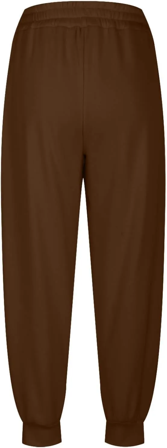Women's Jogging Sweatpants Solid Loose Sports Pants Comfortable High Waisted Trousers Leg Binding Pants with Pockets