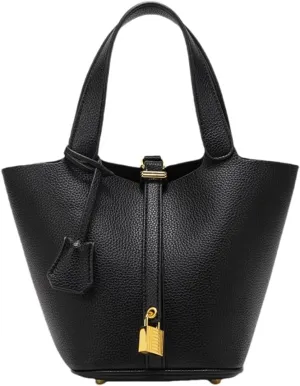Women's Leather Tote Bag: Fashionable Lock Design Solid Color Bucket Bag Mini Handbag Wallet Handbag
