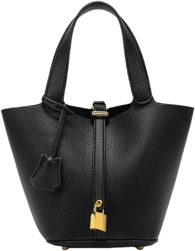 Women's Leather Tote Bag: Fashionable Lock Design Solid Color Bucket Bag Mini Handbag Wallet Handbag
