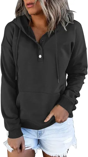 Womens Long Sleeve Button Up Sweatshirt Trendy Solid Color Warm Drawstring Hoodies Going Out Y2K Athletic Casual Top