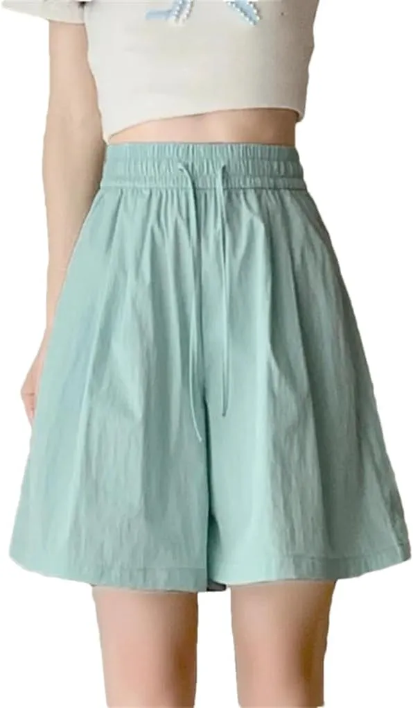 Women's Loose Wide Leg Shorts Solid Color Sweet Drawstring High Waist Jogging Pants