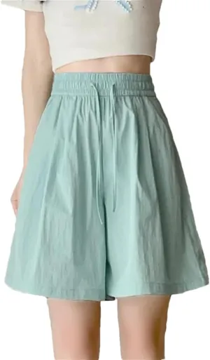 Women's Loose Wide Leg Shorts Solid Color Sweet Drawstring High Waist Jogging Pants