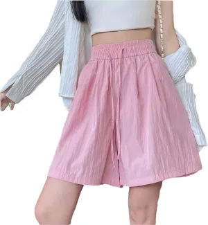 Women's Silk Lace-Up Shorts Classic Loose High Waist Solid Color Casual Vacation Wide Leg Pants