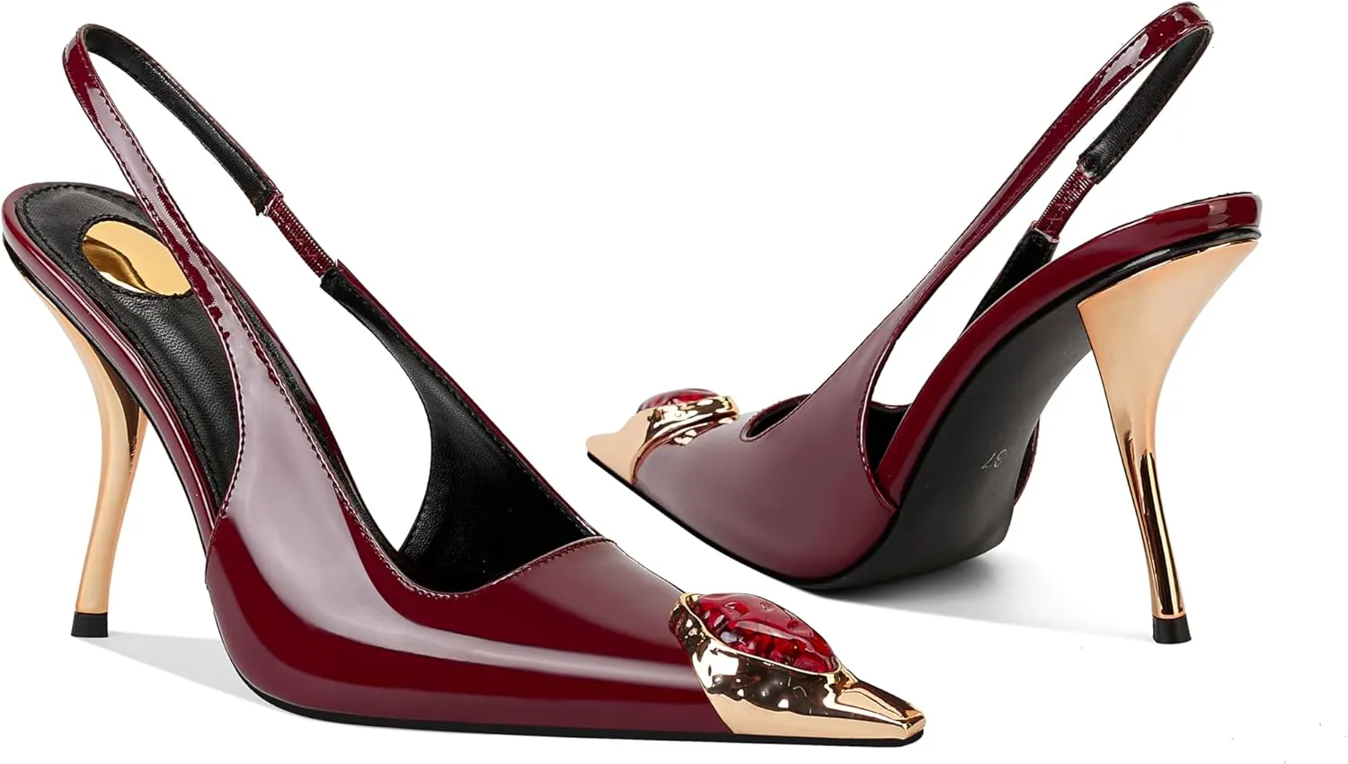 Women's Slingback Stiletto High Heels Crystal Metallic Closed Pointed Toe Pumps Patent Leather Slip on Elastic Strap Heeled Sandals Fashion Party Dress Shoes for Women