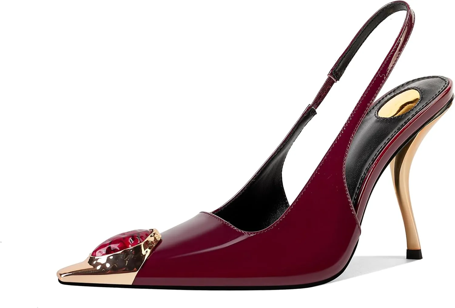 Women's Slingback Stiletto High Heels Crystal Metallic Closed Pointed Toe Pumps Patent Leather Slip on Elastic Strap Heeled Sandals Fashion Party Dress Shoes for Women