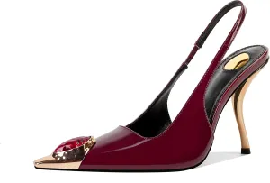 Women's Slingback Stiletto High Heels Crystal Metallic Closed Pointed Toe Pumps Patent Leather Slip on Elastic Strap Heeled Sandals Fashion Party Dress Shoes for Women