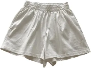 Women's Solid Color Casual Shorts Elastic Waist Pockets Vintage Sports Shorts