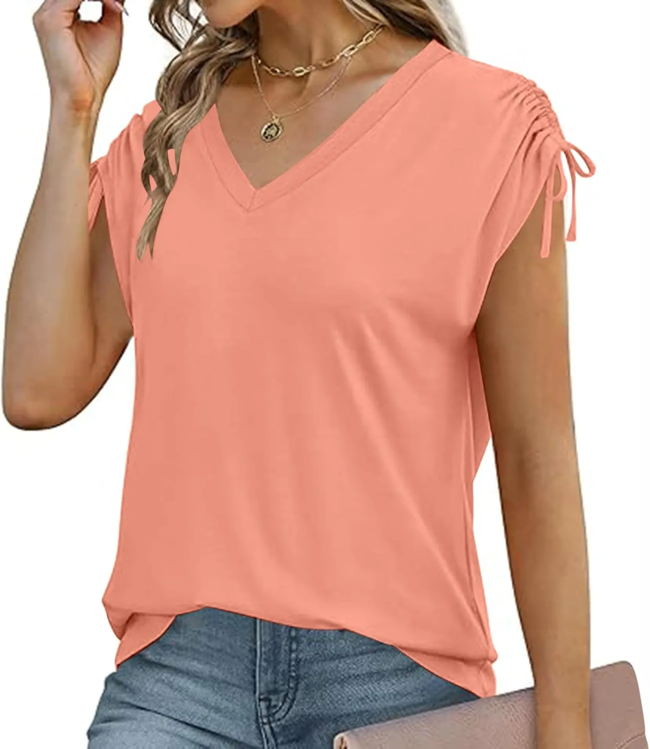 Womens Summer Tops Spring Drawstring Shirts Trendy Vacation Outfits Short Sleeve Tshirts Fashion Casual Blouses