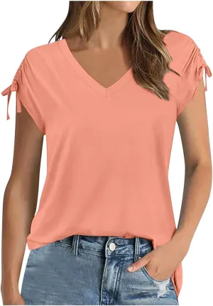 Womens Summer Tops Spring Drawstring Shirts Trendy Vacation Outfits Short Sleeve Tshirts Fashion Casual Blouses