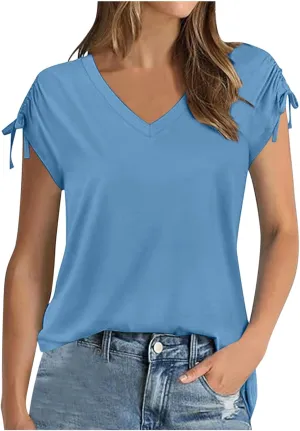 Womens Summer Tops Spring Drawstring Shirts Trendy Vacation Outfits Short Sleeve Tshirts Fashion Casual Blouses