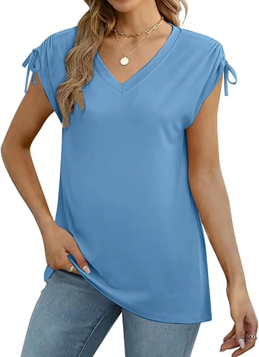 Womens Summer Tops Spring Drawstring Shirts Trendy Vacation Outfits Short Sleeve Tshirts Fashion Casual Blouses