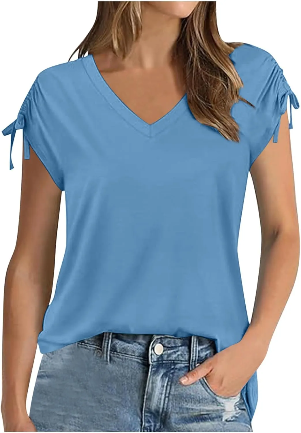 Womens Summer Tops Spring Drawstring Shirts Trendy Vacation Outfits Short Sleeve Tshirts Fashion Casual Blouses