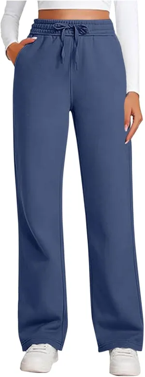 Womens Sweatpants Wide Leg Solid Color Casual Athletic Drawstring Baggy Jogger Straight Leg Trendy Pants with Pocket