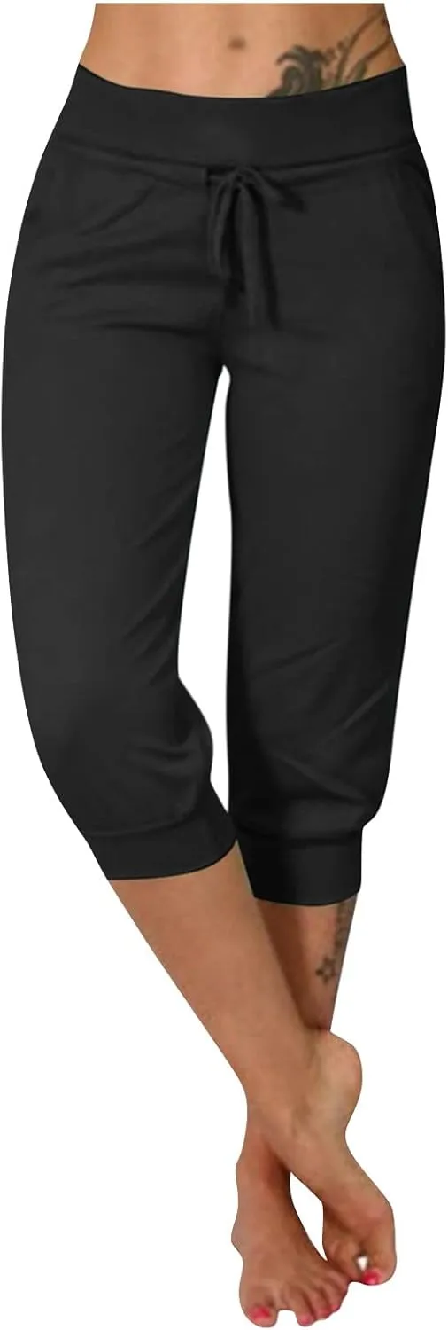 Womens Tapered Sweatpants Solid Color Elastic Waist Drawstring Capri Pants Running Yoga Trousers with Pockets