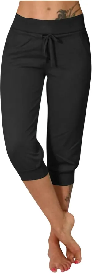 Womens Tapered Sweatpants Solid Color Elastic Waist Drawstring Capri Pants Running Yoga Trousers with Pockets