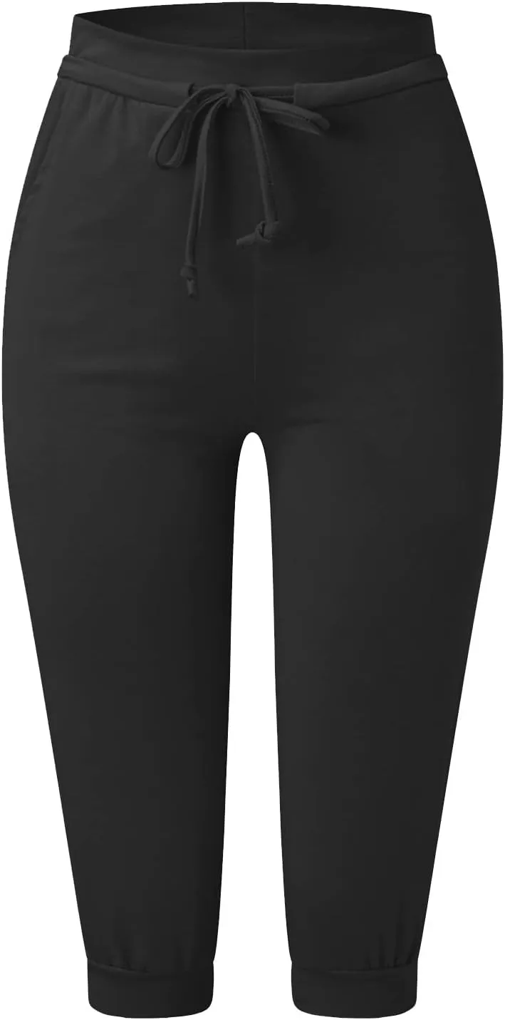 Womens Tapered Sweatpants Solid Color Elastic Waist Drawstring Capri Pants Running Yoga Trousers with Pockets