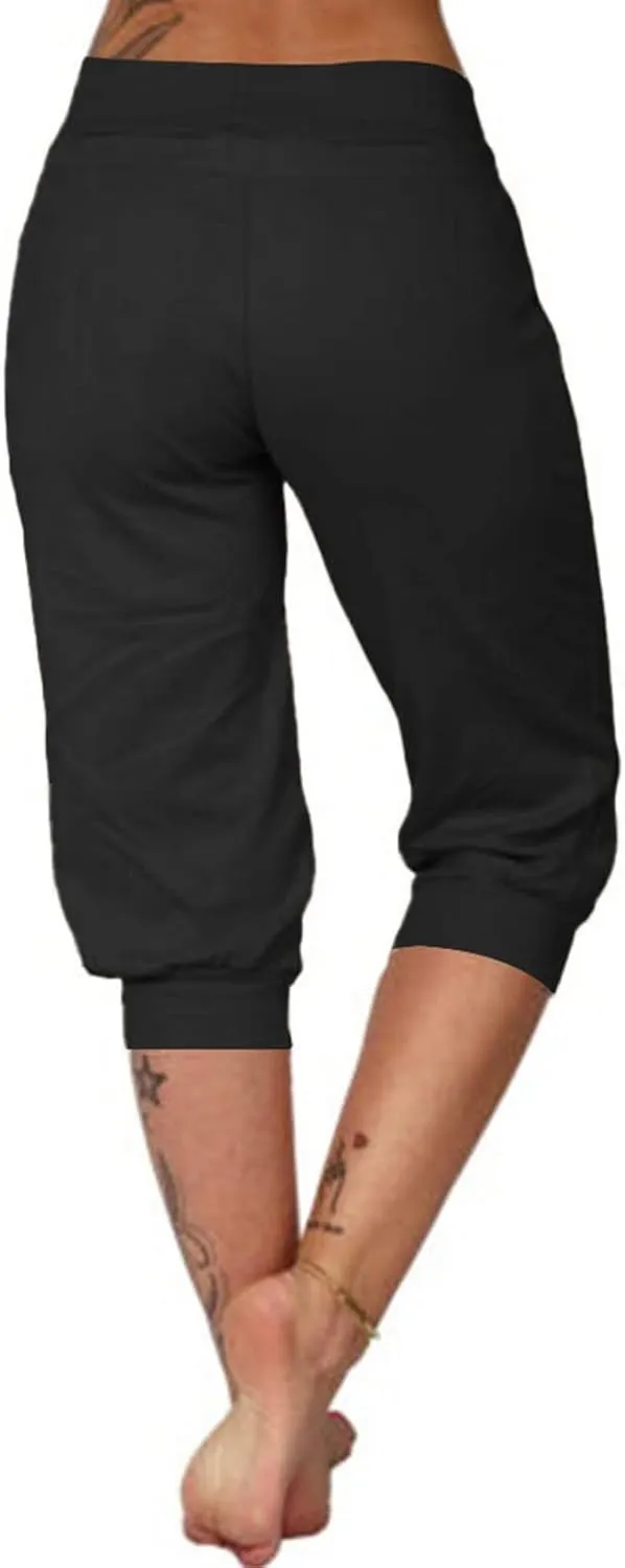 Womens Tapered Sweatpants Solid Color Elastic Waist Drawstring Capri Pants Running Yoga Trousers with Pockets