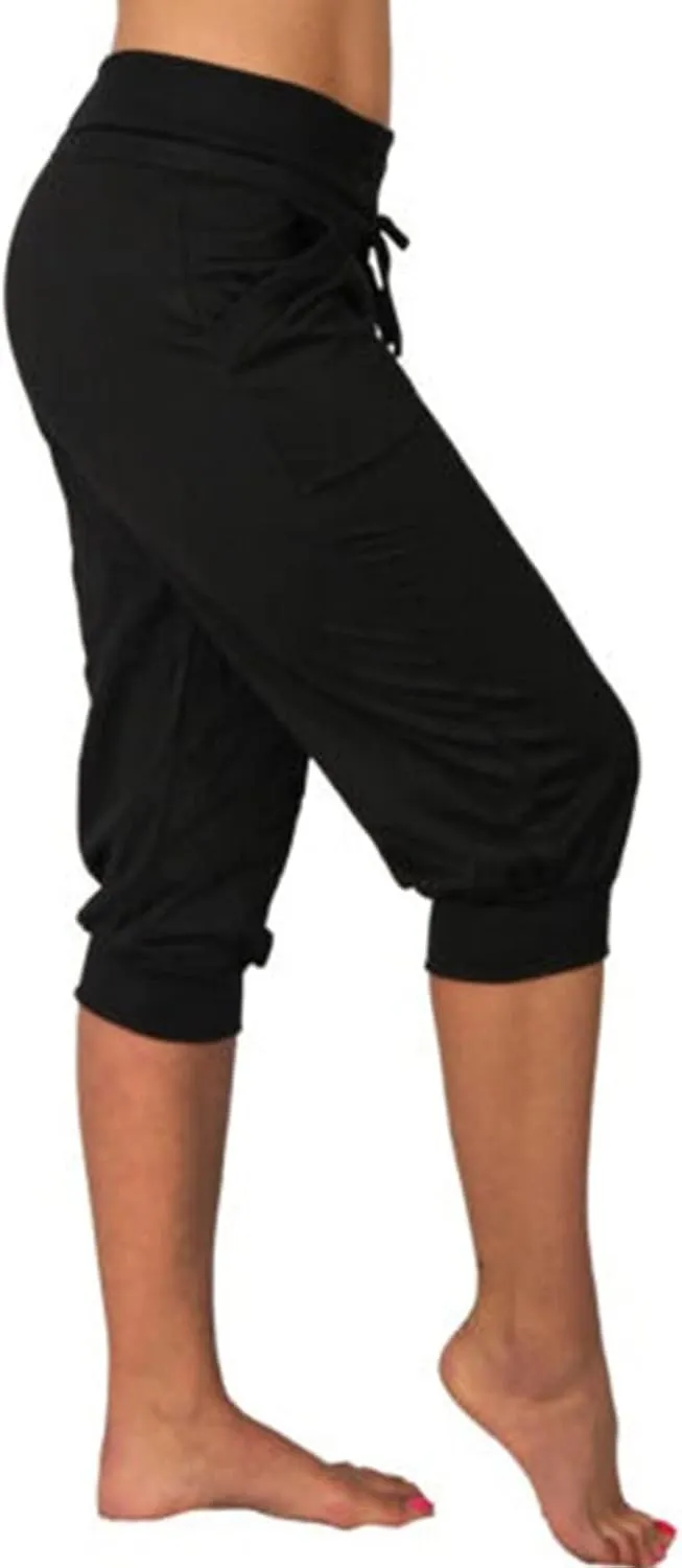 Womens Tapered Sweatpants Solid Color Elastic Waist Drawstring Capri Pants Running Yoga Trousers with Pockets