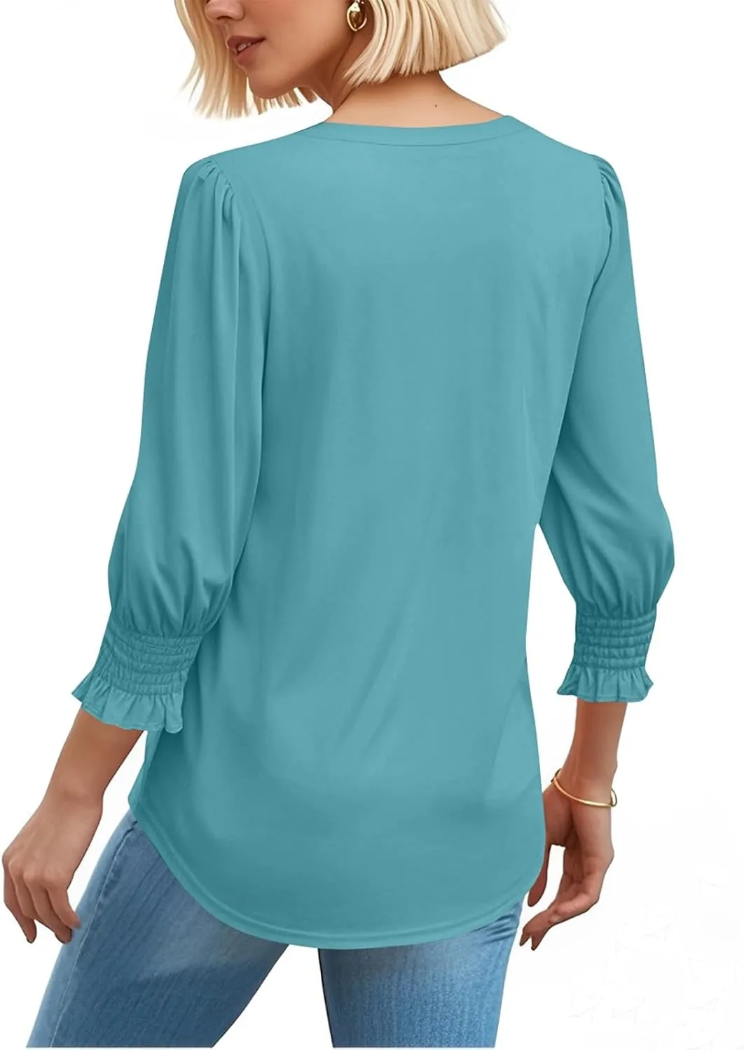 Womens Tops 3/4 Sleeve Solid Color V Neck Elegant Tshirts 2025 Summer Dressy Smocked Cuffs Blouse