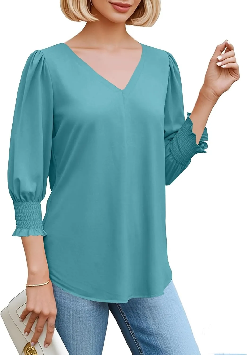 Womens Tops 3/4 Sleeve Solid Color V Neck Elegant Tshirts 2025 Summer Dressy Smocked Cuffs Blouse