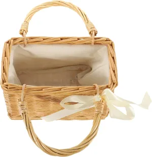 Woven Flower Basket Rattan Woven Bag with Bow Decor, Tote Handbags - Summer Beach Flower Basket Vintage Decor Straw Crossbody Bag Purses for Kids Travel Handle Messenger Bag Wicker