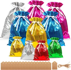 WXJ13 20 Pieces Christmas Gift Bags, Drawstring Gift Bags, Christmas Wrapping Bags with Drawstring Ribbons, Gift Bags Assorted Sizes Inserted Tags for Wrapping Holiday