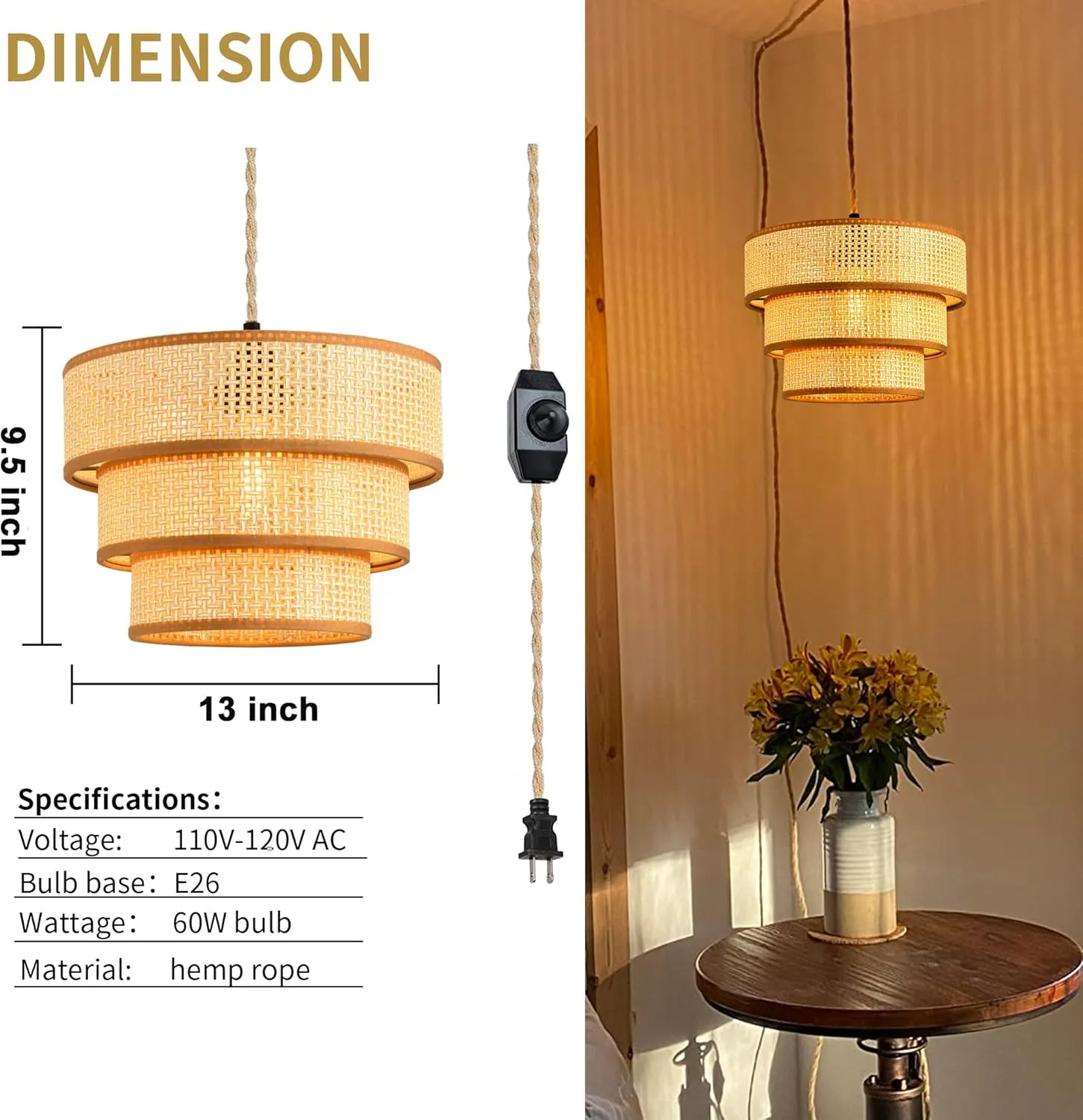XININSUN Plug in Pendant Light Hanging Lights with15FT Plug in Cord Dimmable Rattan Hanging Lamp Wicker Woven Drum Lampshade,Rustic Boho Plug in Ceiling Light Fixture for Bedroom Living Room-1pack