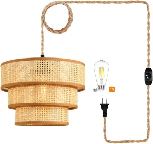 XININSUN Plug in Pendant Light Hanging Lights with15FT Plug in Cord Dimmable Rattan Hanging Lamp Wicker Woven Drum Lampshade,Rustic Boho Plug in Ceiling Light Fixture for Bedroom Living Room-1pack