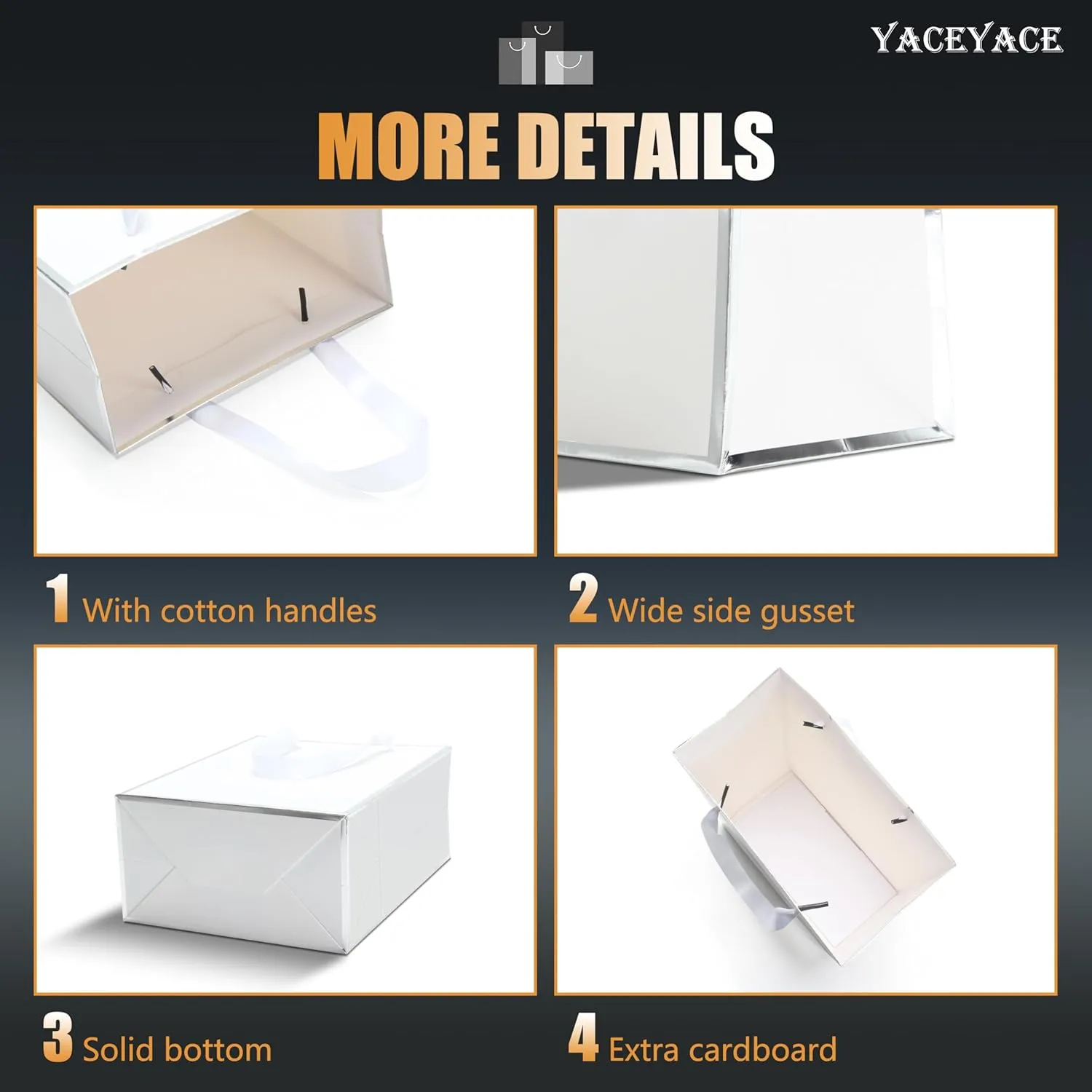 YACEYACE White Gift Bags with Handles, 8 x 10 x 4, 20 Pcs Kraft Paper Gift Bags for Party, Retail, Boutique, Elegant-Silver Frame