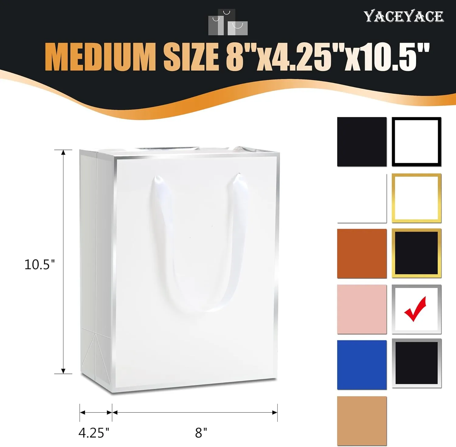 YACEYACE White Gift Bags with Handles, 8 x 10 x 4, 20 Pcs Kraft Paper Gift Bags for Party, Retail, Boutique, Elegant-Silver Frame