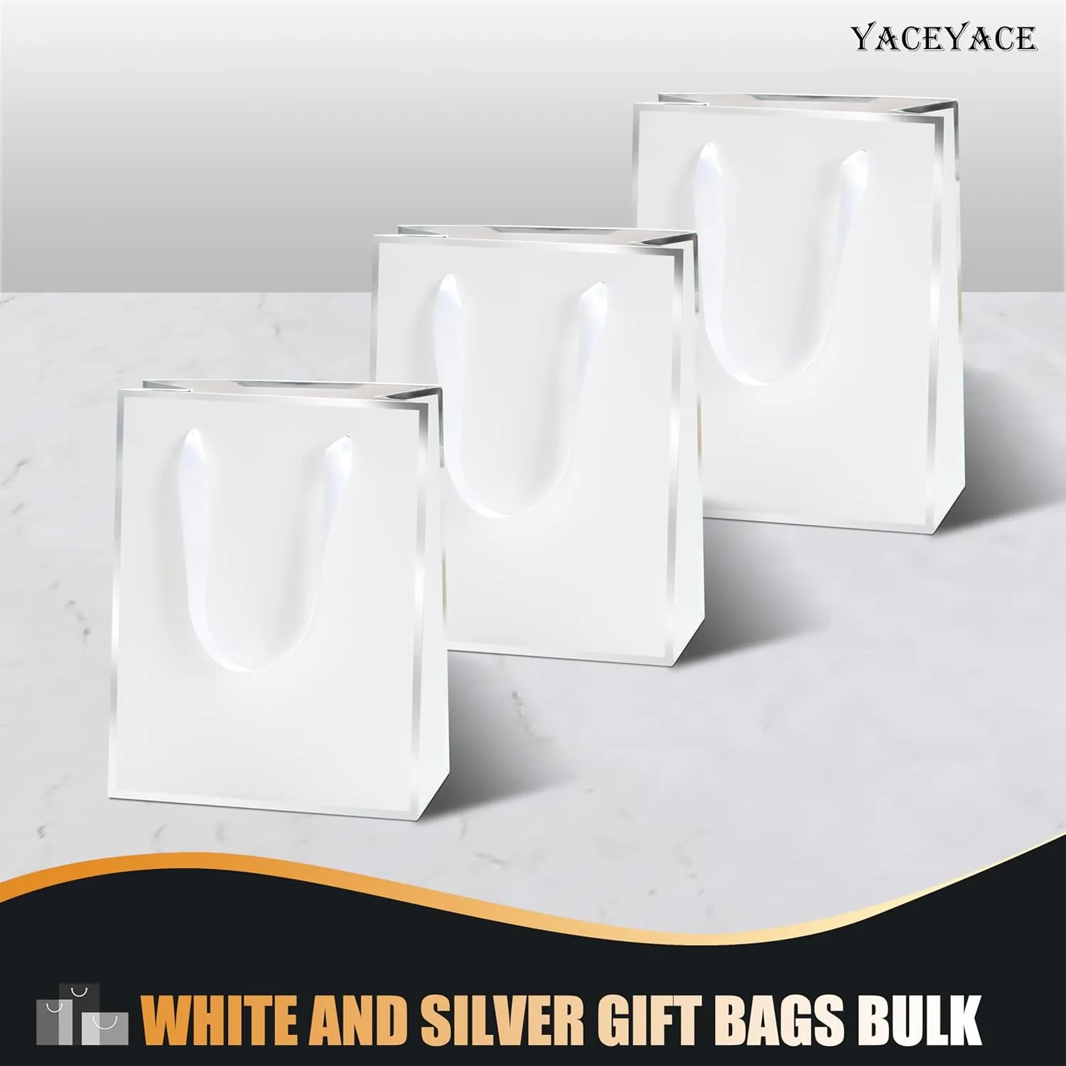 YACEYACE White Gift Bags with Handles, 8 x 10 x 4, 20 Pcs Kraft Paper Gift Bags for Party, Retail, Boutique, Elegant-Silver Frame