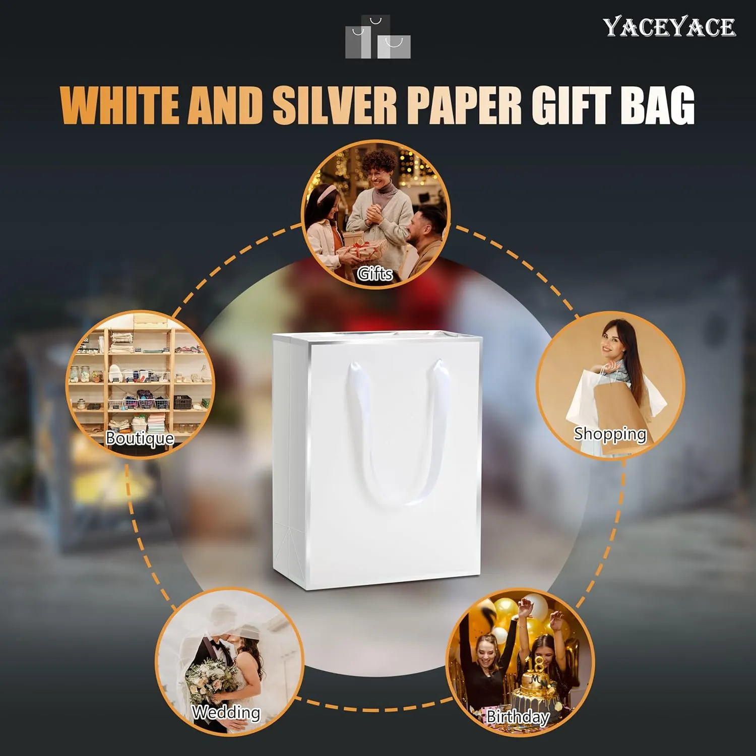 YACEYACE White Gift Bags with Handles, 8 x 10 x 4, 20 Pcs Kraft Paper Gift Bags for Party, Retail, Boutique, Elegant-Silver Frame