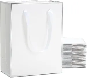 YACEYACE White Gift Bags with Handles, 8 x 10 x 4, 20 Pcs Kraft Paper Gift Bags for Party, Retail, Boutique, Elegant-Silver Frame