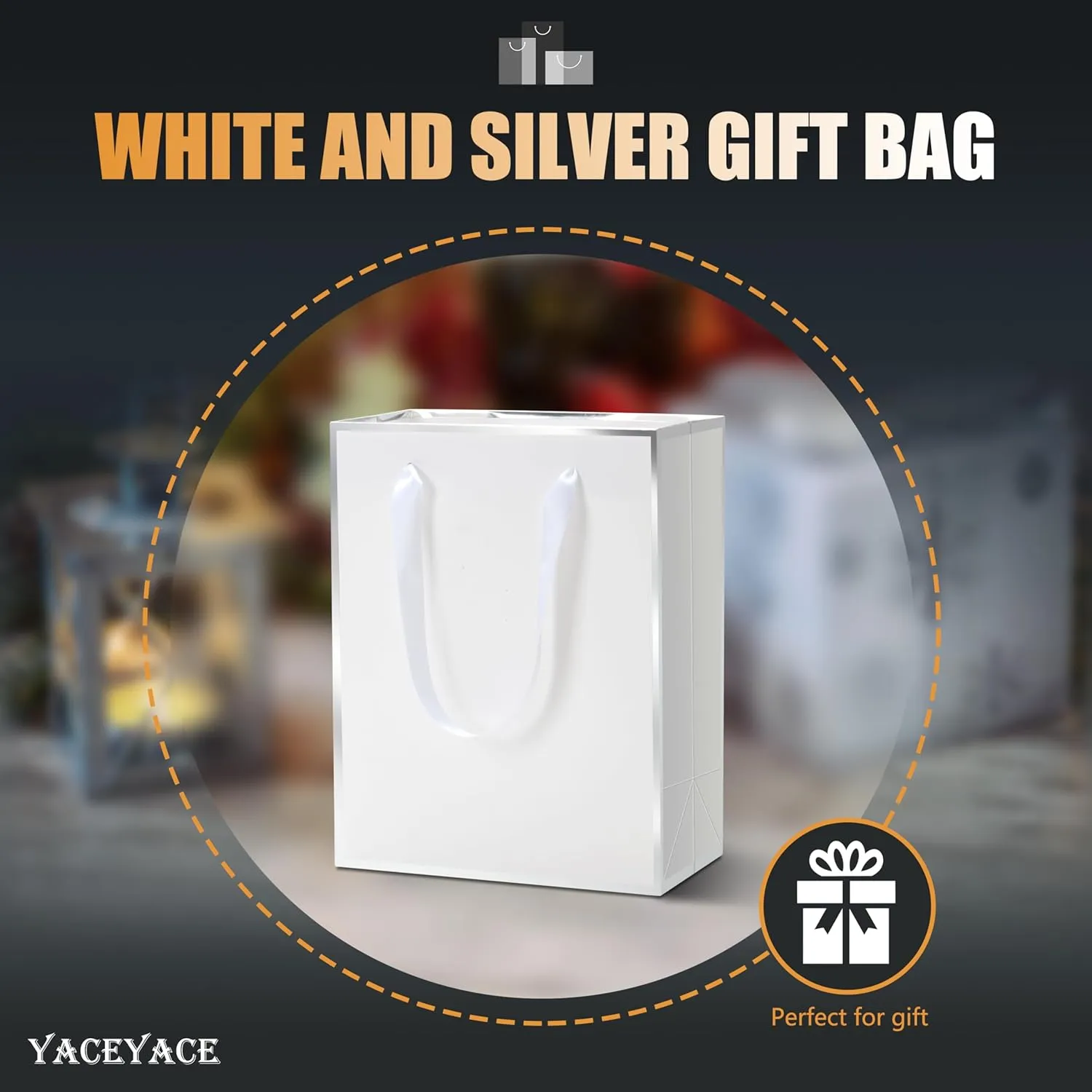 YACEYACE White Gift Bags with Handles, 8 x 10 x 4, 20 Pcs Kraft Paper Gift Bags for Party, Retail, Boutique, Elegant-Silver Frame