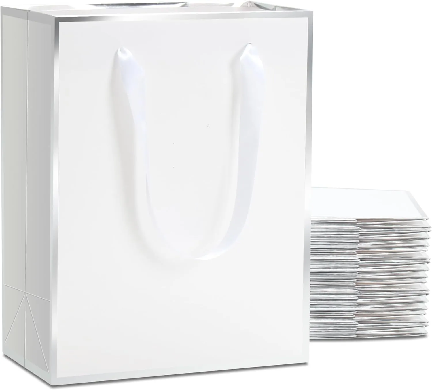 YACEYACE White Gift Bags with Handles, 8 x 10 x 4, 20 Pcs Kraft Paper Gift Bags for Party, Retail, Boutique, Elegant-Silver Frame
