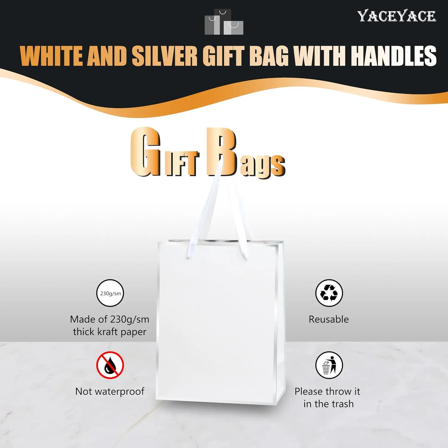 YACEYACE White Gift Bags with Handles, 8 x 10 x 4, 20 Pcs Kraft Paper Gift Bags for Party, Retail, Boutique, Elegant-Silver Frame