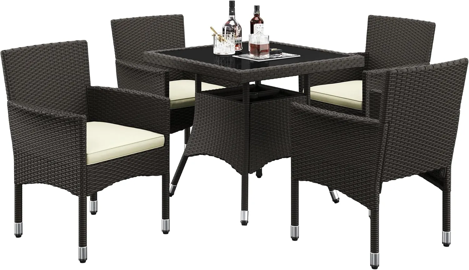 Yaheetech 5-Piece Patio Furniture Set, Outdoor Rattan 4 Dining Chairs & Tempered Glass Table with Umbrella Hole, for Garden Backyard Deck Balcony, Brown/Beige
