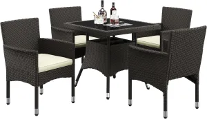 Yaheetech 5-Piece Patio Furniture Set, Outdoor Rattan 4 Dining Chairs & Tempered Glass Table with Umbrella Hole, for Garden Backyard Deck Balcony, Brown/Beige