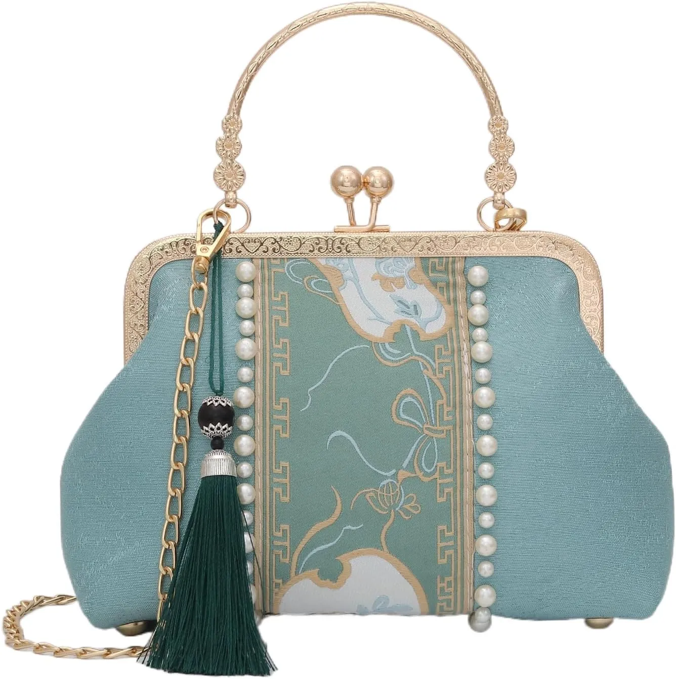 YeBon Retro Shoulder Chain Messenger Clutch Chinese Style Embroidered Jacquard Palm Leaf Fan Women's Evening Bags