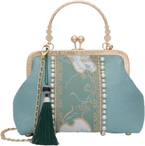 YeBon Retro Shoulder Chain Messenger Clutch Chinese Style Embroidered Jacquard Palm Leaf Fan Women's Evening Bags