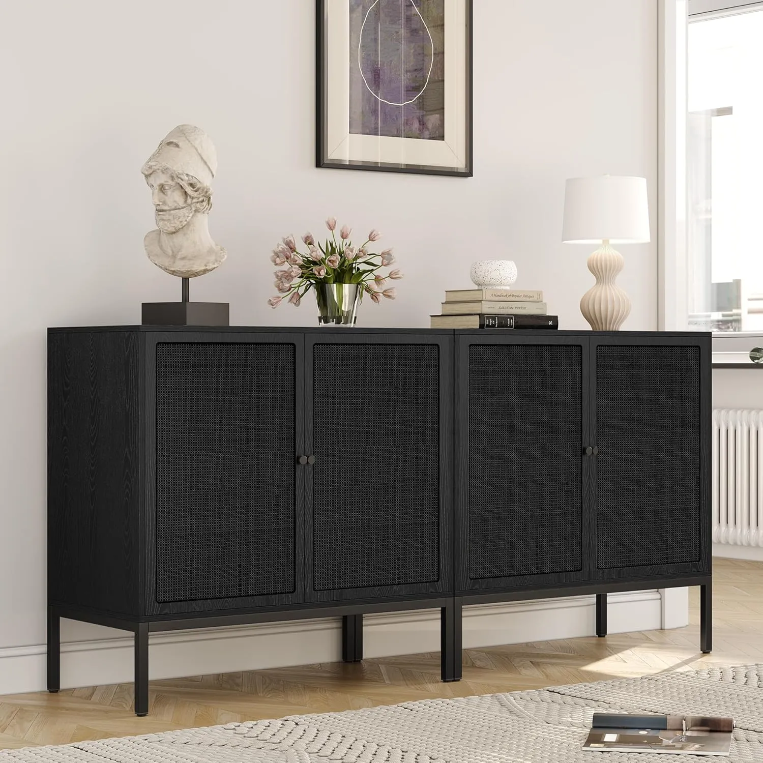 Yechen Full Black Rattan Cabient, Farmhouse Sideboard Cabinet with Natural Rattan Decorated Doors, Accent Cane Credenza Buffet Console Storage, for Living Room Entryway Kitchen, Metal Legs