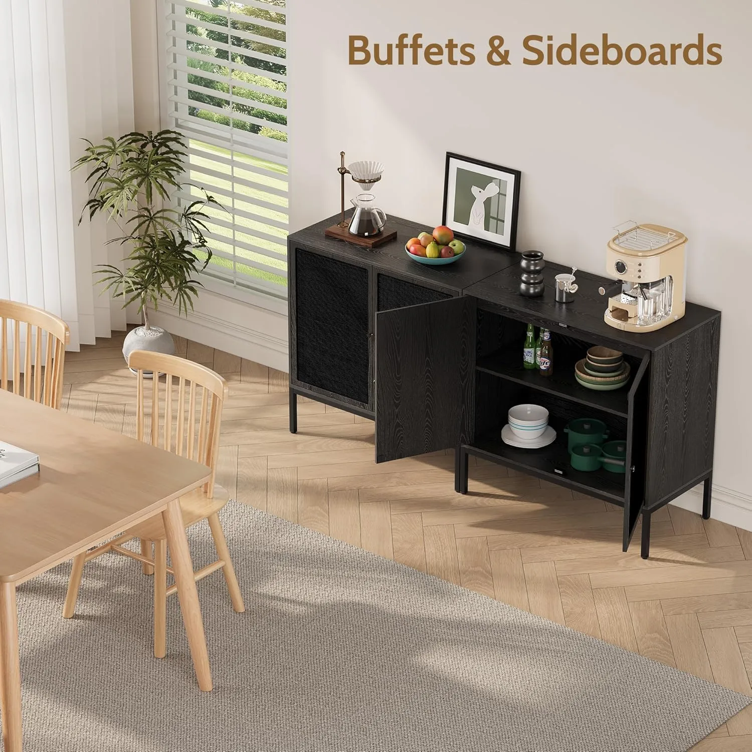Yechen Full Black Rattan Cabient, Farmhouse Sideboard Cabinet with Natural Rattan Decorated Doors, Accent Cane Credenza Buffet Console Storage, for Living Room Entryway Kitchen, Metal Legs