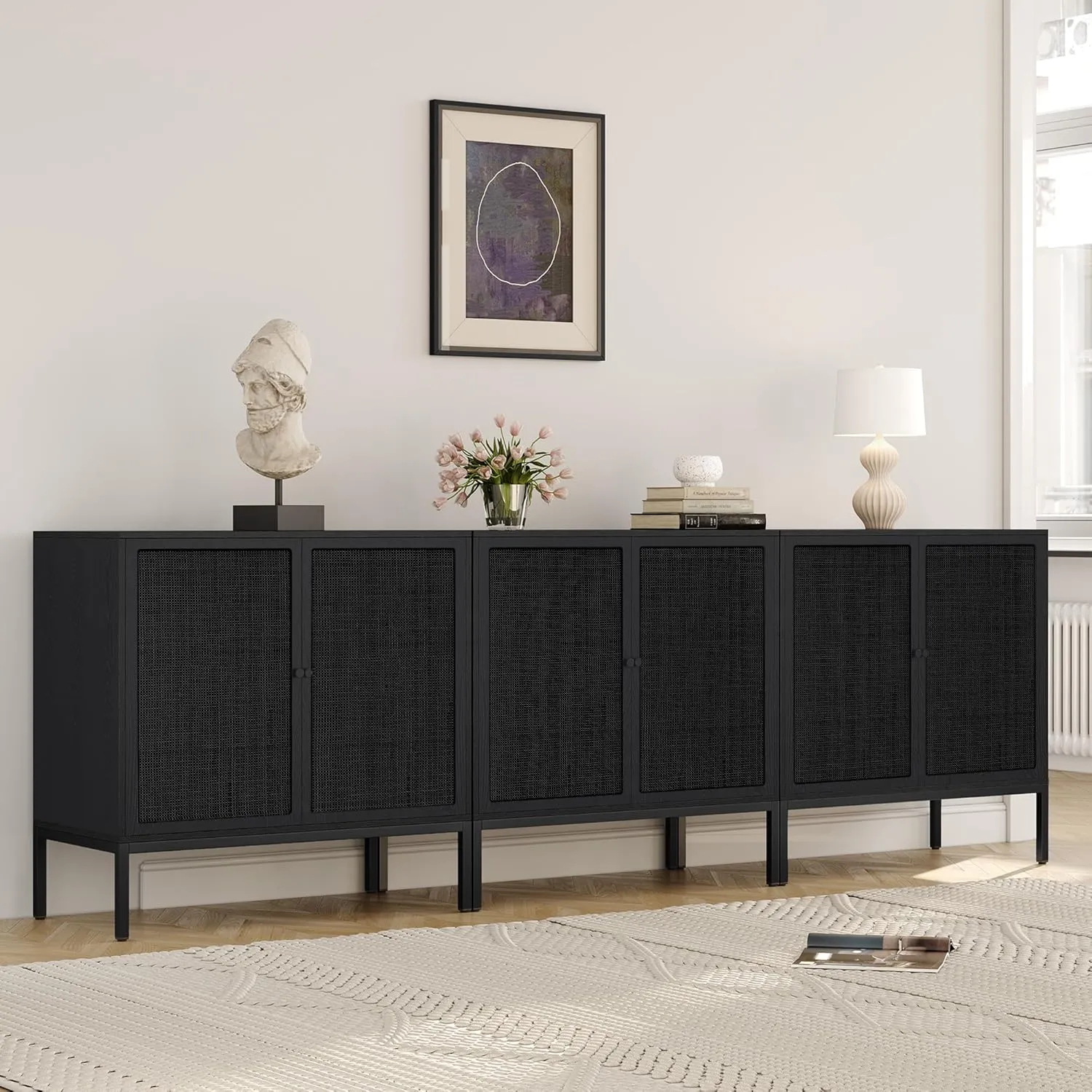 Yechen Full Black Rattan Cabient, Farmhouse Sideboard Cabinet with Natural Rattan Decorated Doors, Accent Cane Credenza Buffet Console Storage, for Living Room Entryway Kitchen, Metal Legs
