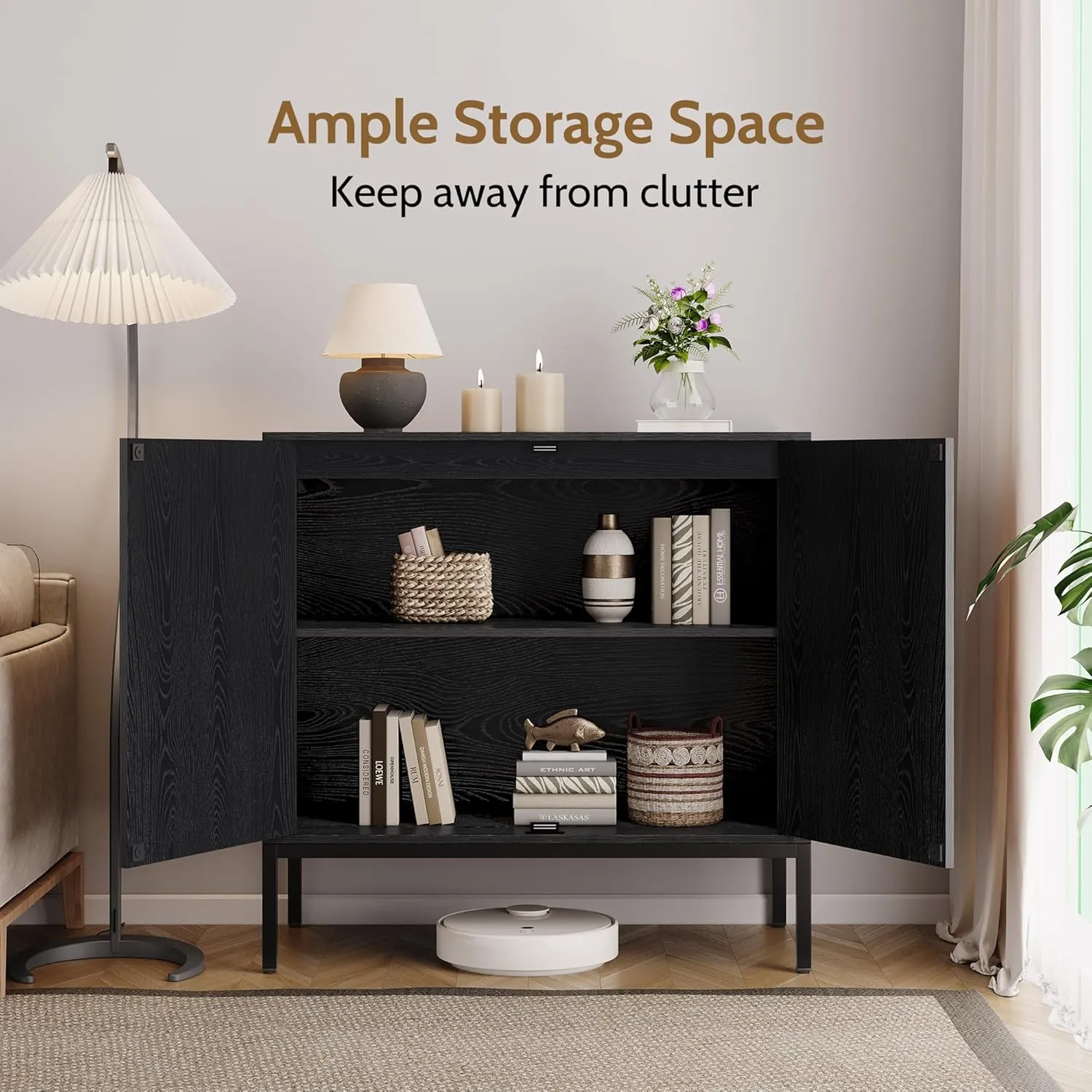 Yechen Full Black Rattan Cabient, Farmhouse Sideboard Cabinet with Natural Rattan Decorated Doors, Accent Cane Credenza Buffet Console Storage, for Living Room Entryway Kitchen, Metal Legs