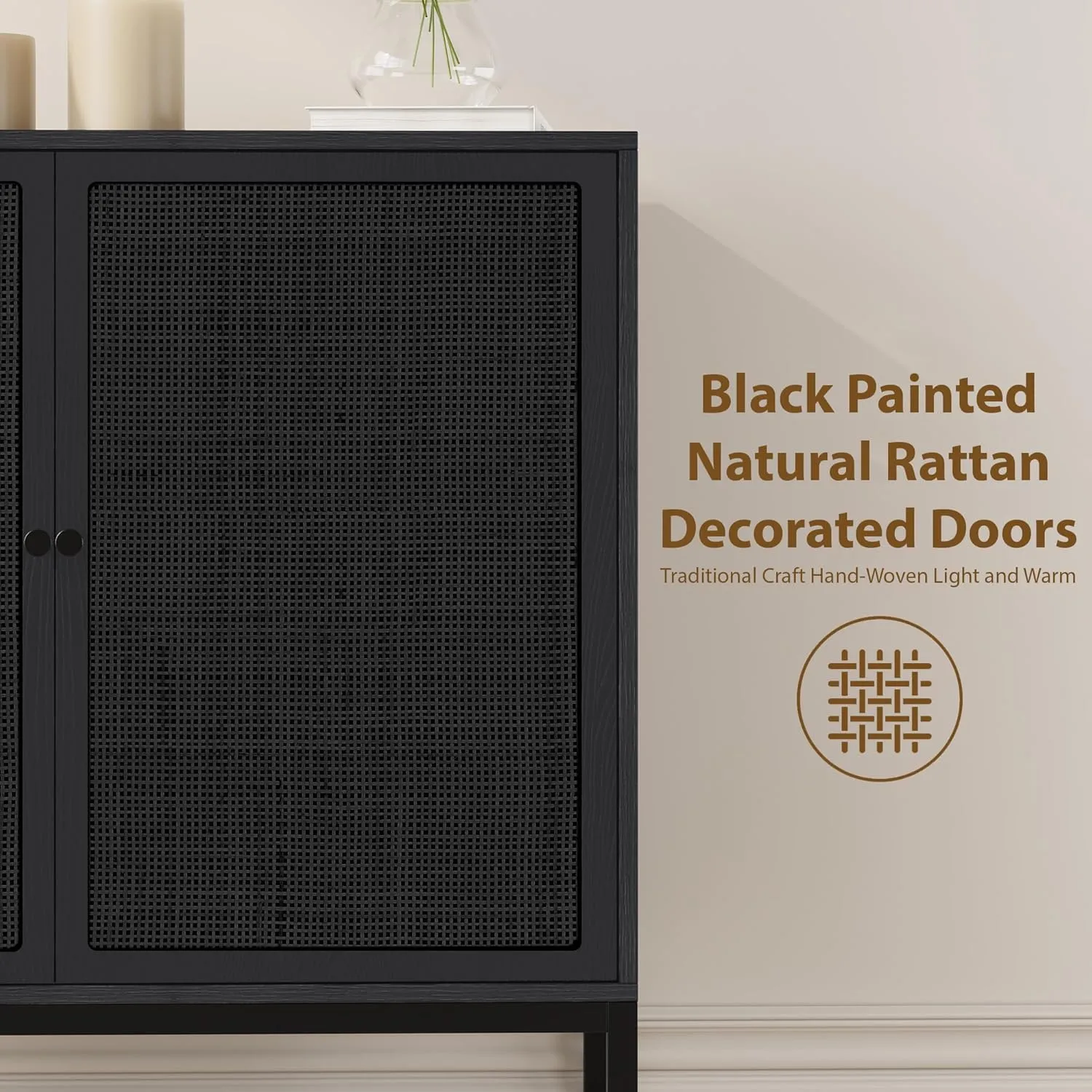 Yechen Full Black Rattan Cabient, Farmhouse Sideboard Cabinet with Natural Rattan Decorated Doors, Accent Cane Credenza Buffet Console Storage, for Living Room Entryway Kitchen, Metal Legs