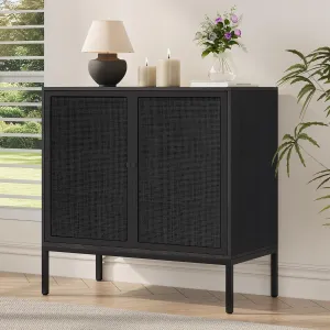 Yechen Full Black Rattan Cabient, Farmhouse Sideboard Cabinet with Natural Rattan Decorated Doors, Accent Cane Credenza Buffet Console Storage, for Living Room Entryway Kitchen, Metal Legs
