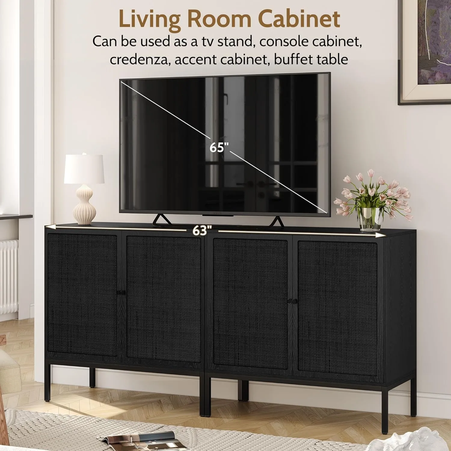 Yechen Full Black Rattan Cabient, Farmhouse Sideboard Cabinet with Natural Rattan Decorated Doors, Accent Cane Credenza Buffet Console Storage, for Living Room Entryway Kitchen, Metal Legs